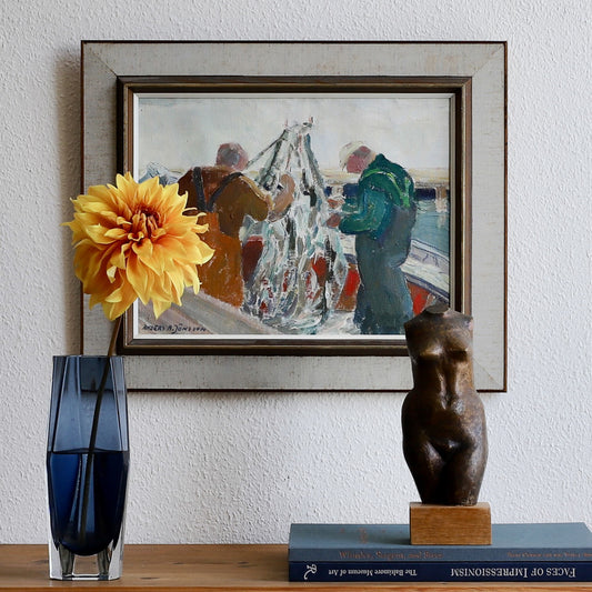Vintage Mid Century Original Fishermen Oil Painting from Sweden