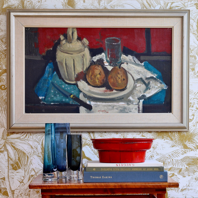 Vintage Art Room Mid Century Original Still Life Oil Painting from Sweden