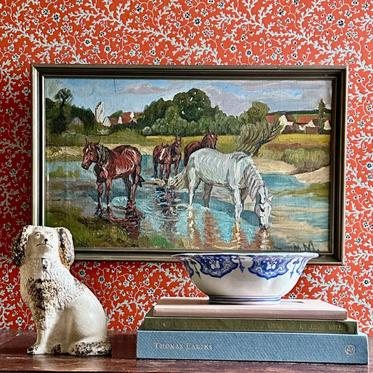 Vintage Art Original Oil Painting of Horses From Sweden