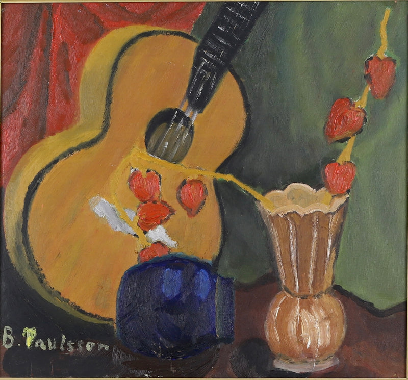 Striking Mid Century Still Life Oil Painting with Guitar from Sweden