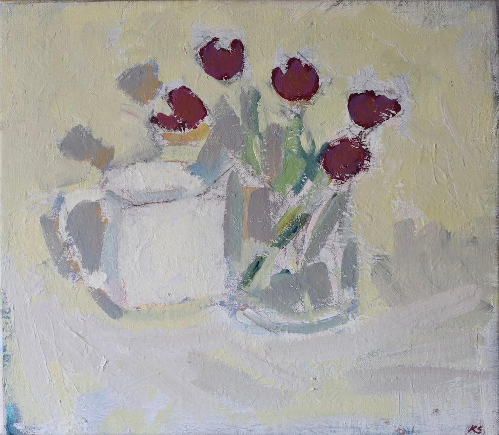 Mid Century Original Still Life Oil Painting of Tulips From Sweden