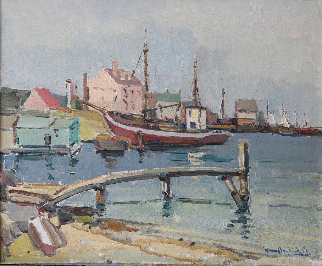 Mid Century Vintage Harbor Scene From Sweden by G Berglund 1957