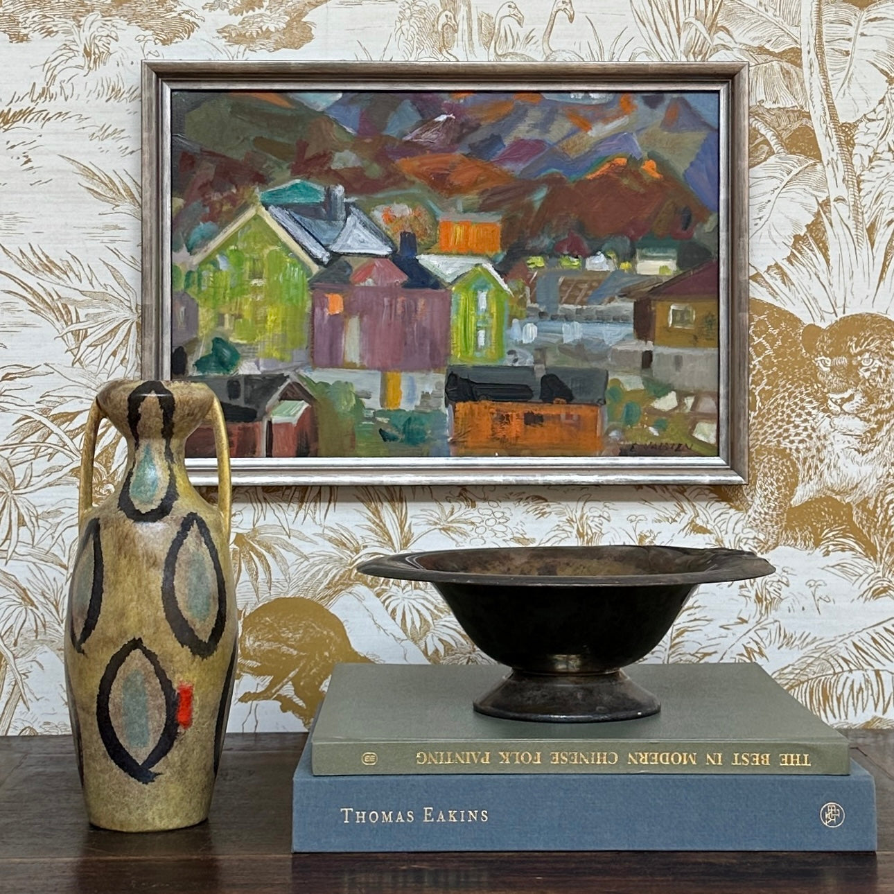 Colorful Mid Century Original Vintage Oil Painting from Sweden