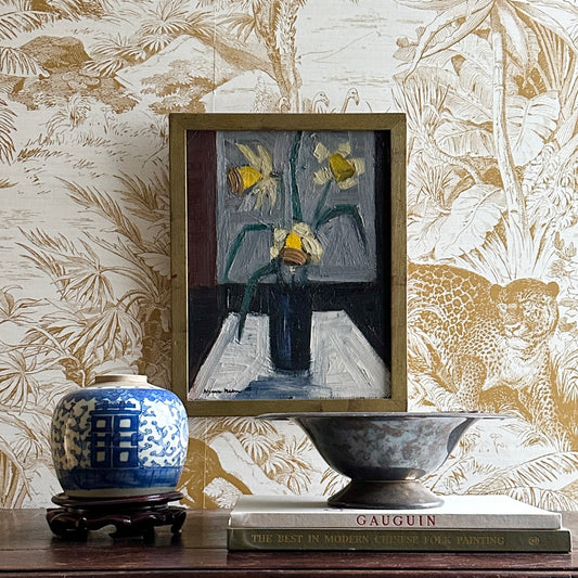 Vintage Art Still Life of Daffodils Original Oil Painting From Sweden