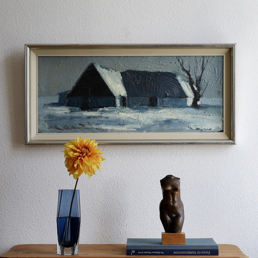 Vintage Art Original Winterscape Oil Painting from Sweden