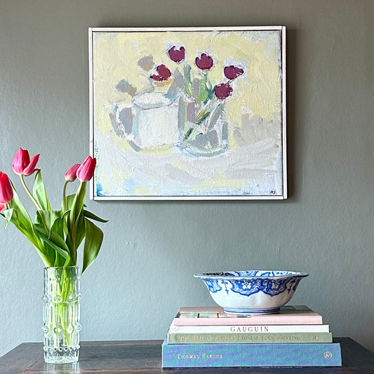 Mid Century Original Still Life Oil Painting of Tulips From Sweden