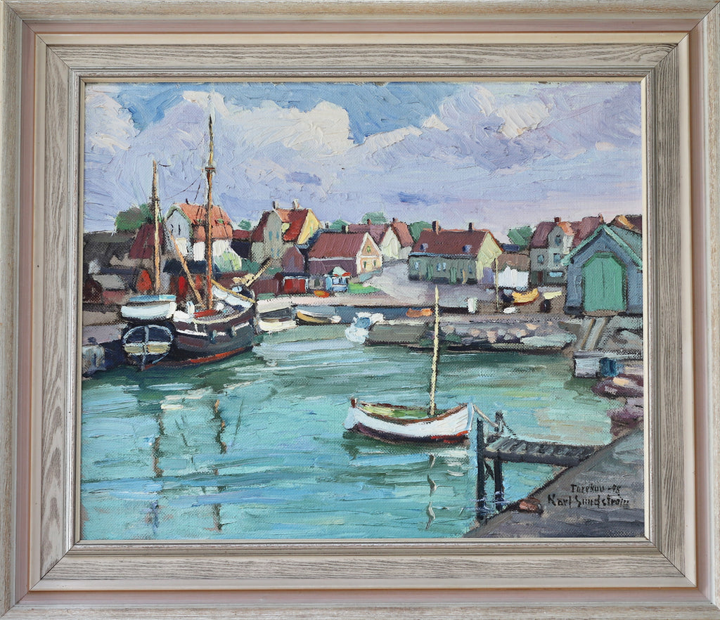 Original Vintage Art Harbor Oil Painting From Sweden