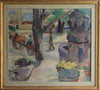 Vintage Village Square Mid Century Oil Painting from Sweden