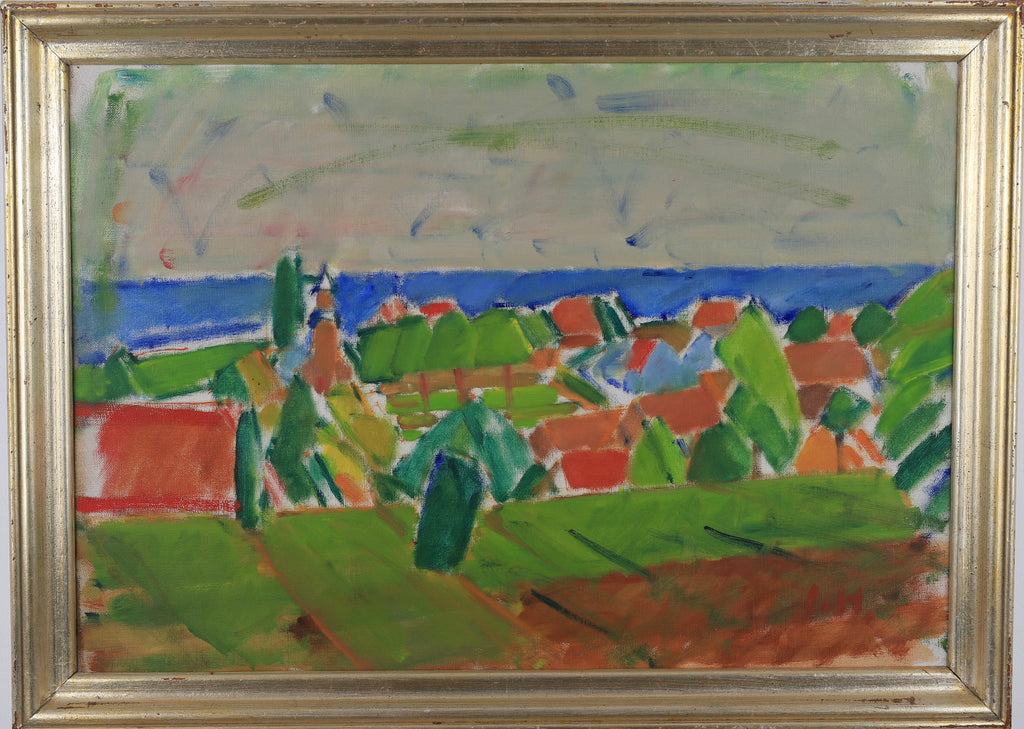 Colorful Swedish Mid Century Original Landscape Oil Painting 1958