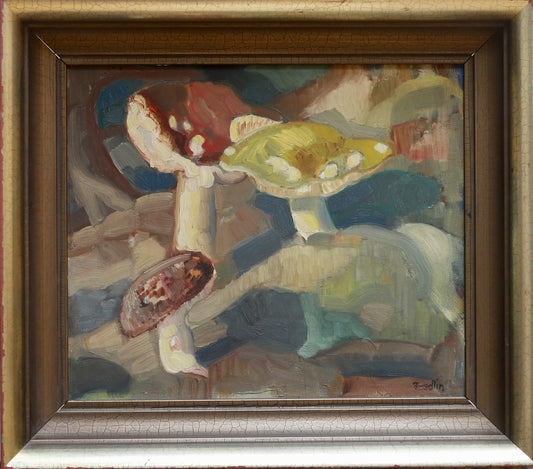 Vintage Mid Century Mushroom Oil Painting By Sweden