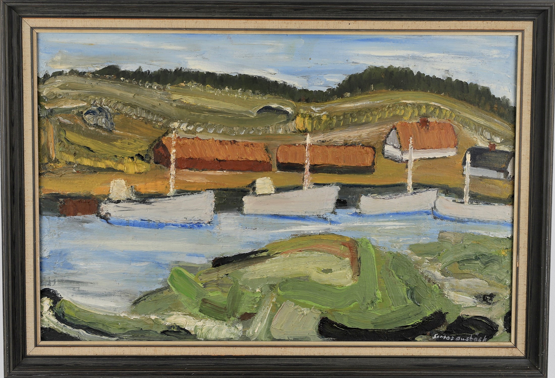 Original Vintage Art Oil Painting Of Harbor From Sweden