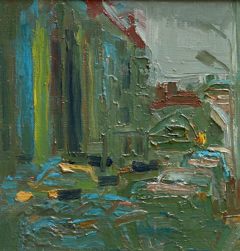 Vintage Mid Century Cityscape Oil Painting From Sweden by L Herder