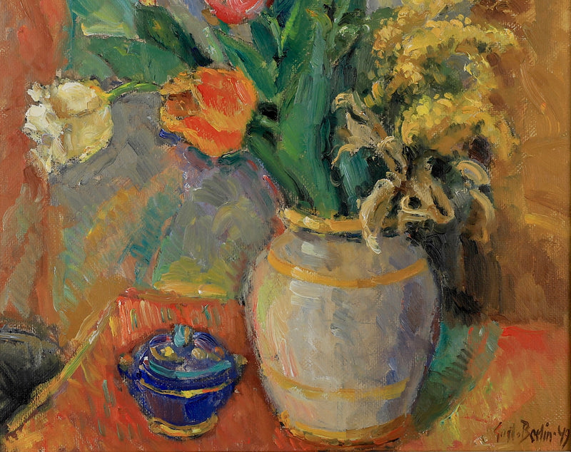 Vintage Oil Painting Floral Still Life From Sweden 1949