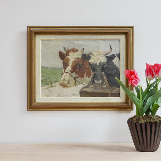 Vintage Art Room Original Oil Painting of Calves From Sweden