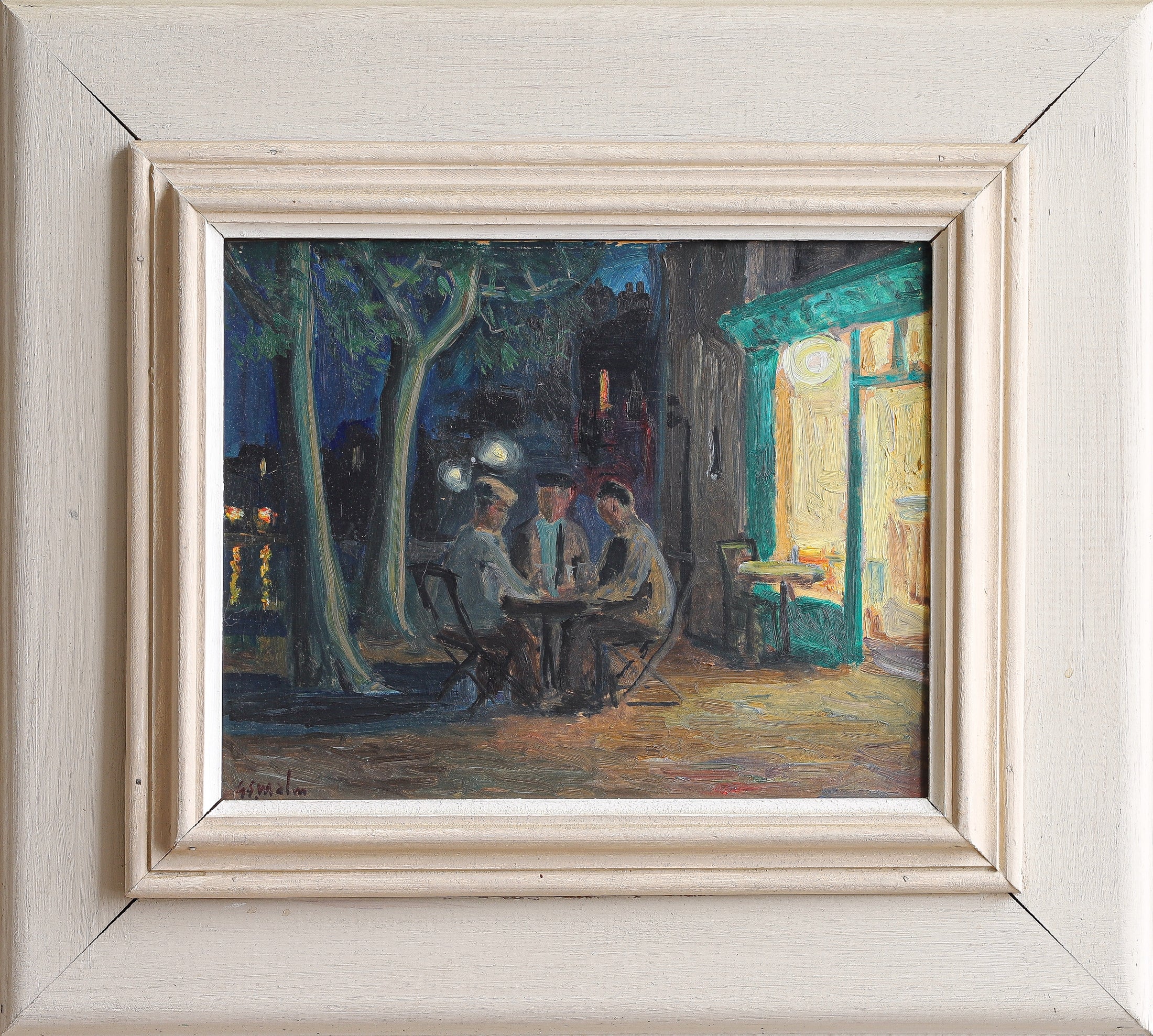 Mid Century Original Cafe Scene Oil Painting By G Malm Sweden