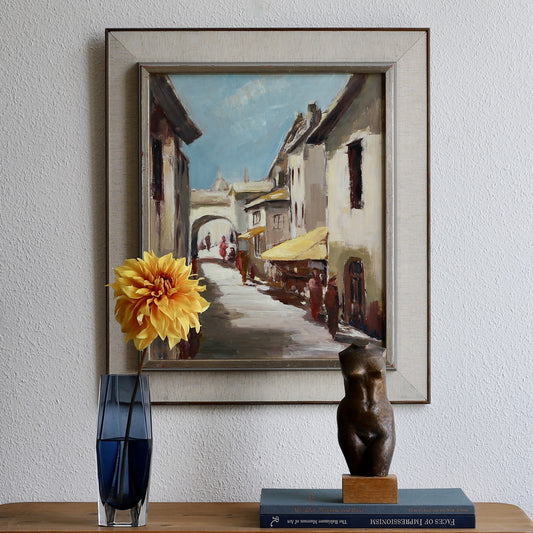Vintage Art Room Original Cityscape Oil Painting from Sweden