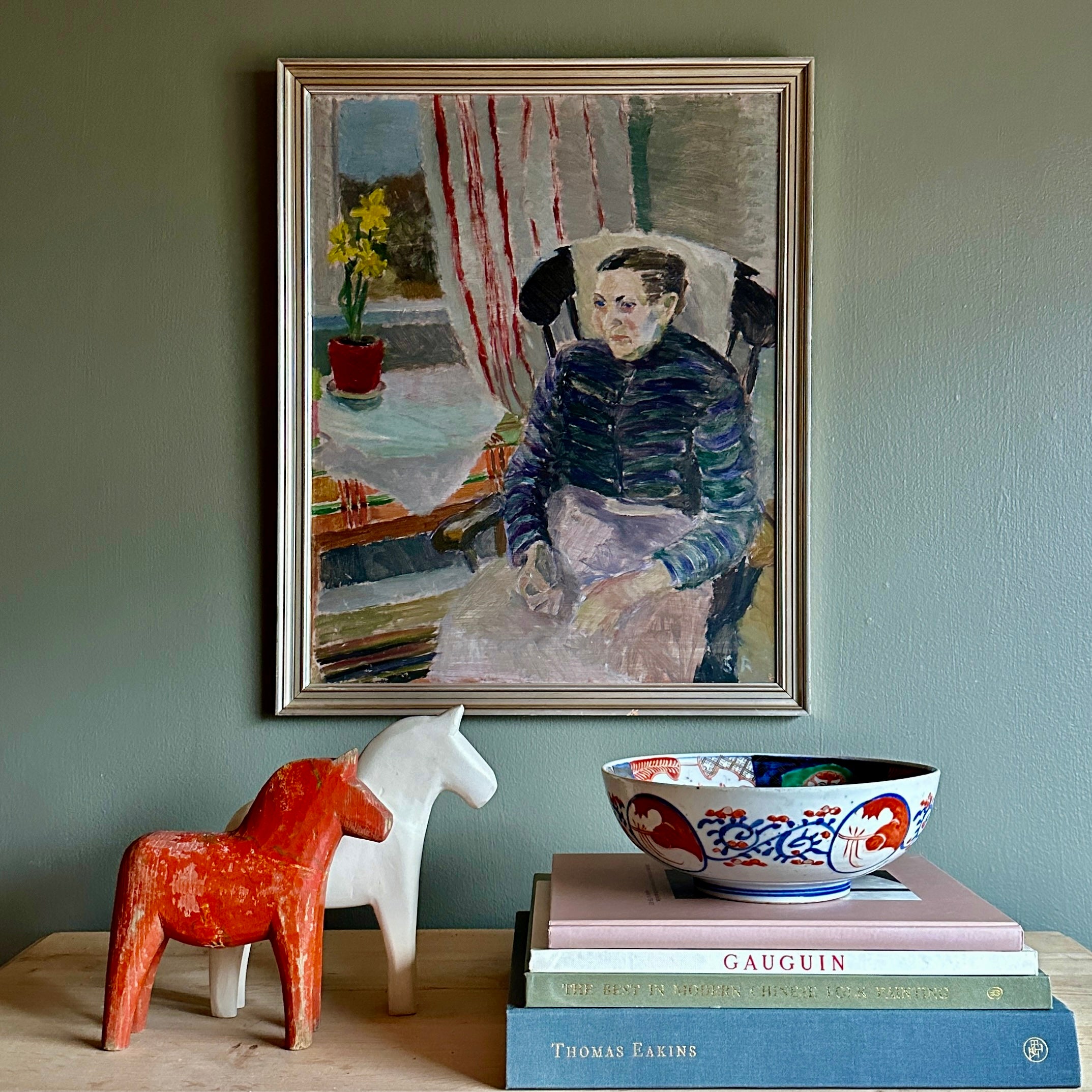 Swedish Vintage Figure in Interior Oil Painting From Sweden