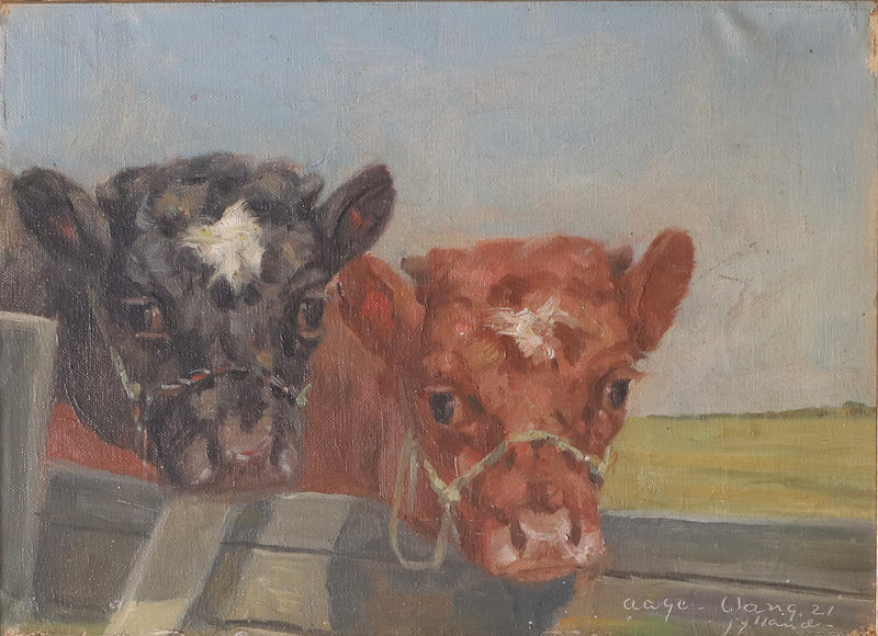 Vintage Art Room Original Oil Painting of Calves From Sweden