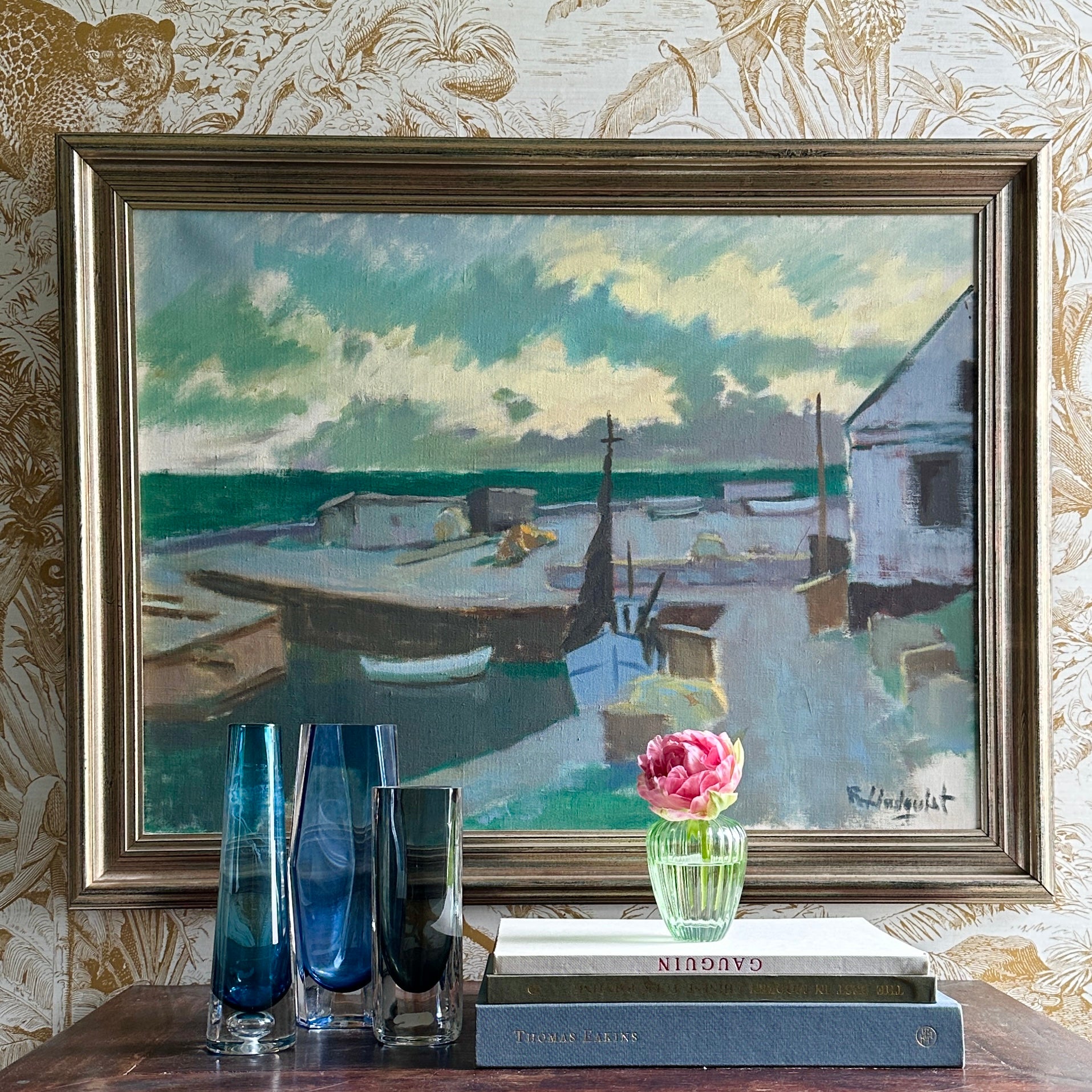 Original Vintage Art Harbor Oil Painting From Sweden