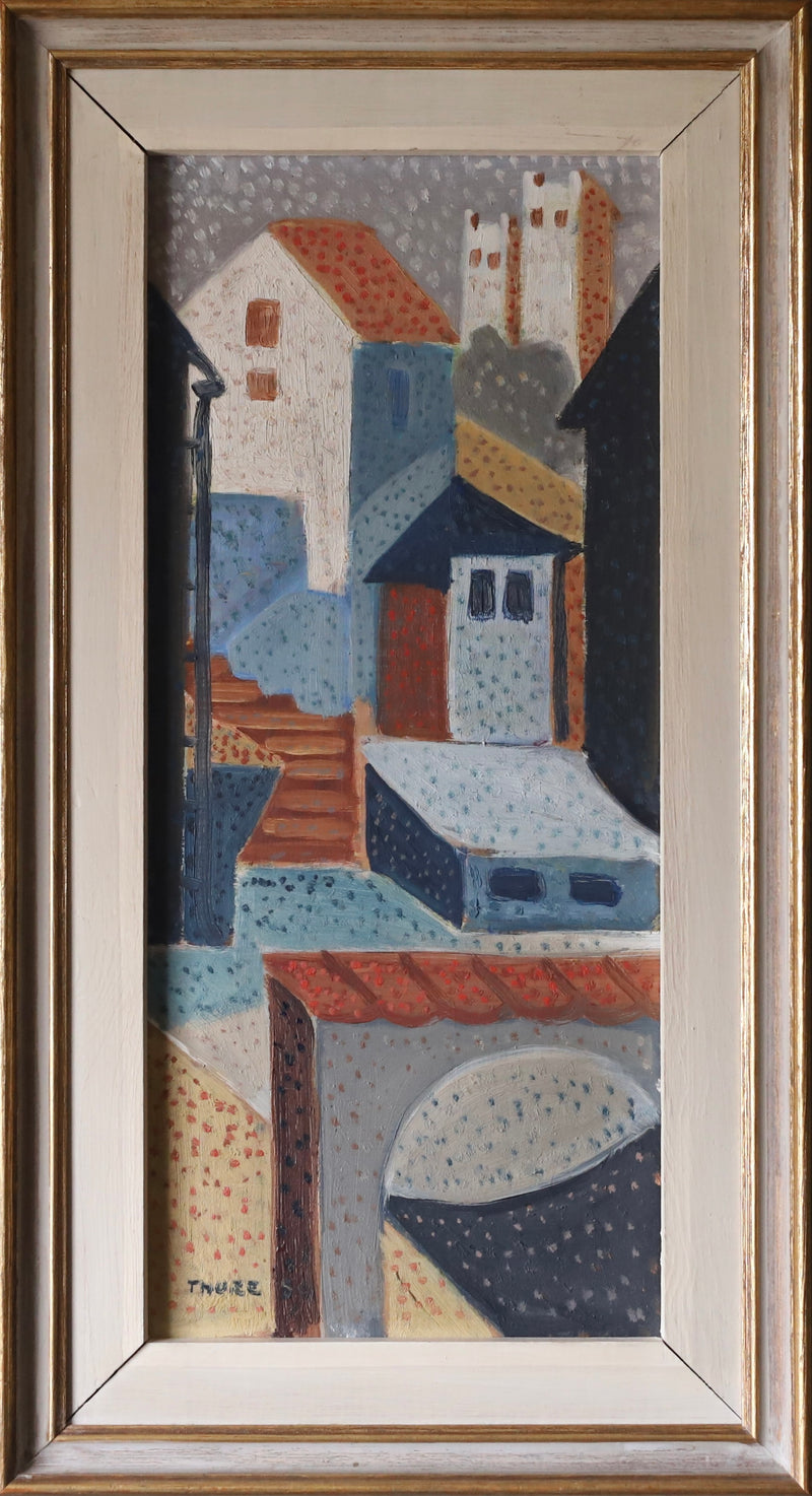 Mid Century Vintage Original Cityscape Oil Painting From Sweden