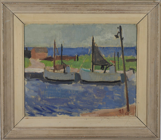 Mid Century Original Harbor Oil Painting From Sweden 1952