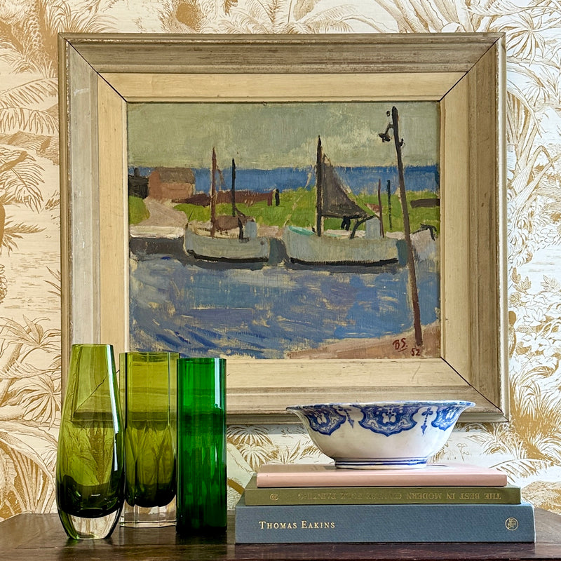 Mid Century Original Harbor Oil Painting From Sweden 1952