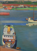 Original Vintage Art Harbor Oil Painting From Sweden