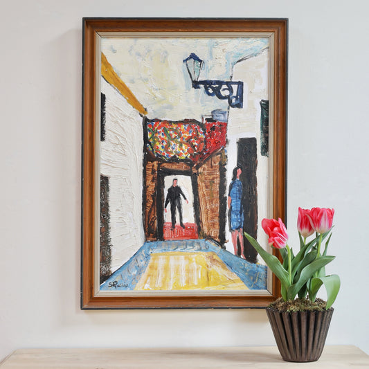 Mid Century Vintage Original Cityscape Oil Painting From Sweden