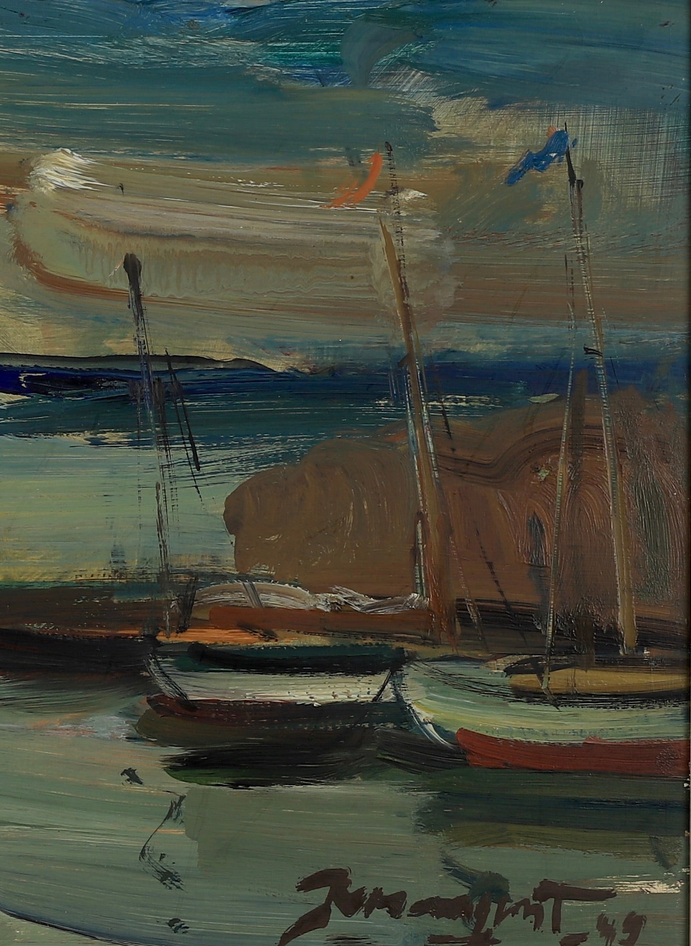 Original Vintage Art Oil Painting Of Harbor From Sweden 1949