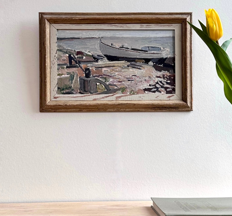 Vintage Art Mid Century Coastal Oil Painting from Sweden 1953