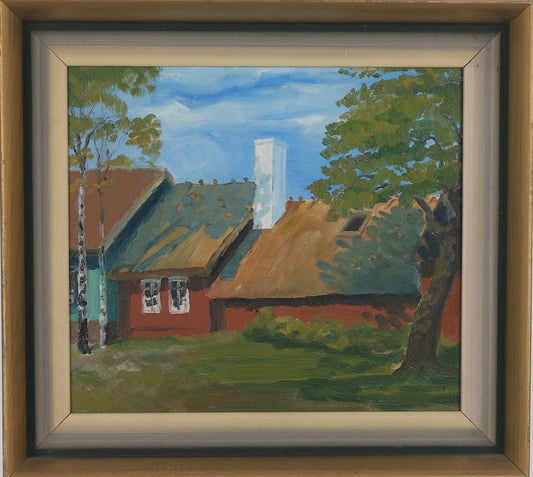 Mid Century Original Vintage Farmhouse Oil Painting from Sweden
