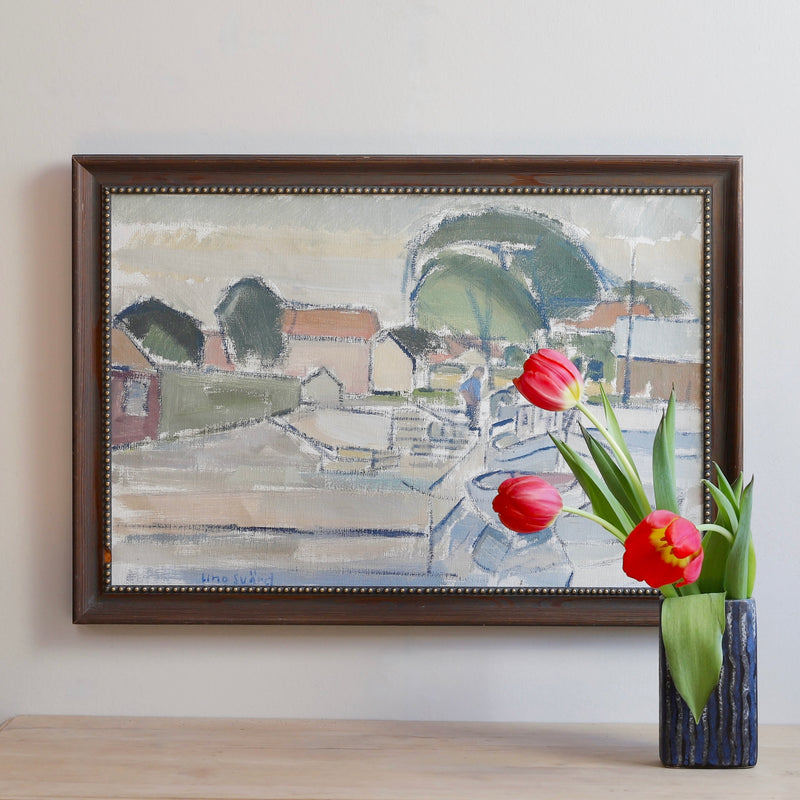 Vintage Original Harbor Oil Painting From Sweden