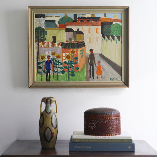 Mid Century Original Cityscape Oil Painting Sweden 1953
