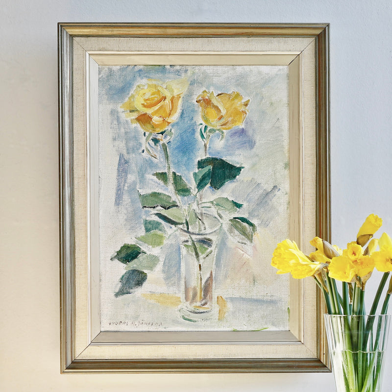 Original Still Life Floral Oil Painting Vintage Mid Century Sweden