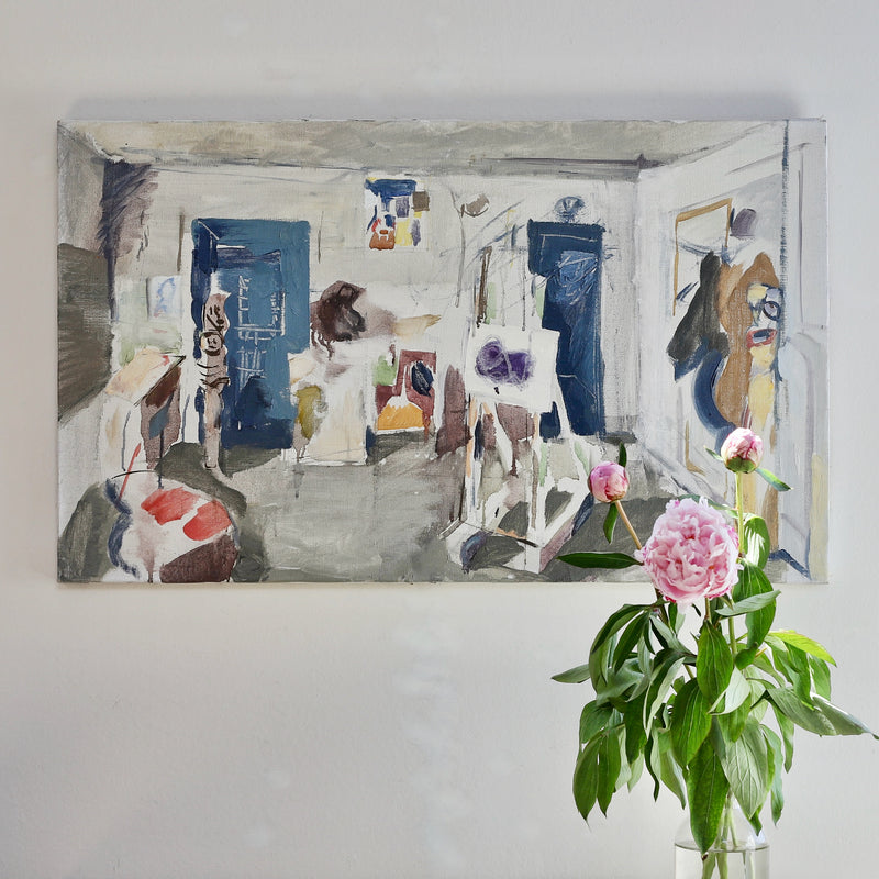 Mid Century Artist Studio Interior Oil Painting From Sweden