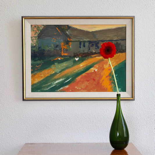 Vintage Art Original Farmhouse Oil Painting From Sweden