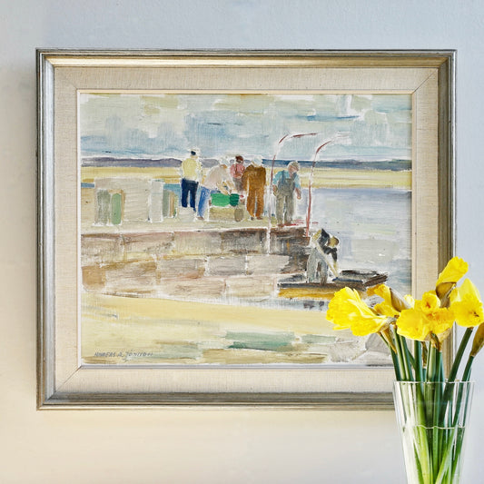 Vintage Art Room Mid Century Harbor Oil Painting From Sweden