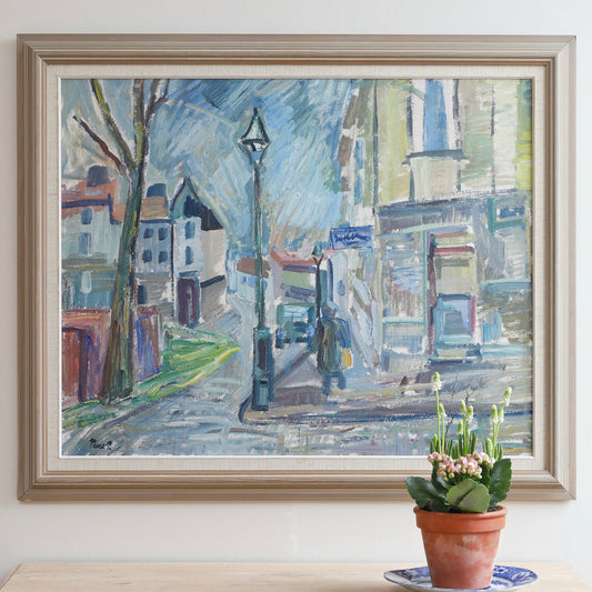 Mid Century Original Cityscape Oil Painting From Sweden
