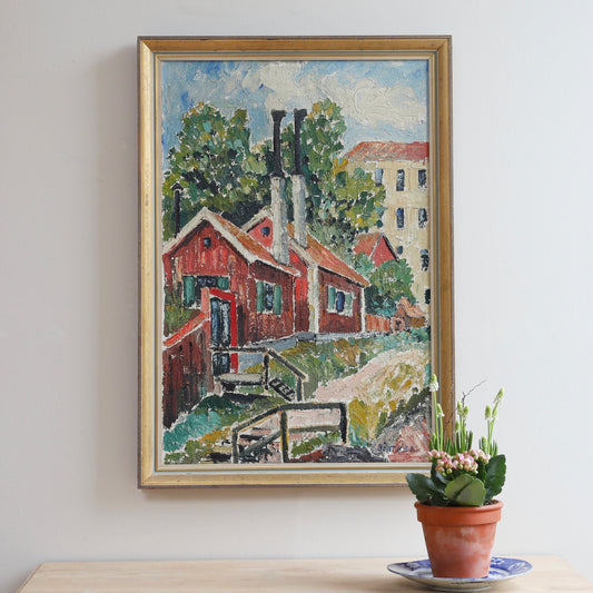 Mid Century Vintage Original Cityscape Oil Painting From Sweden