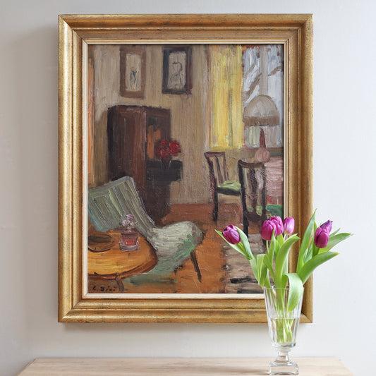 Vintage Mid Century Interior Oil Painting From Sweden