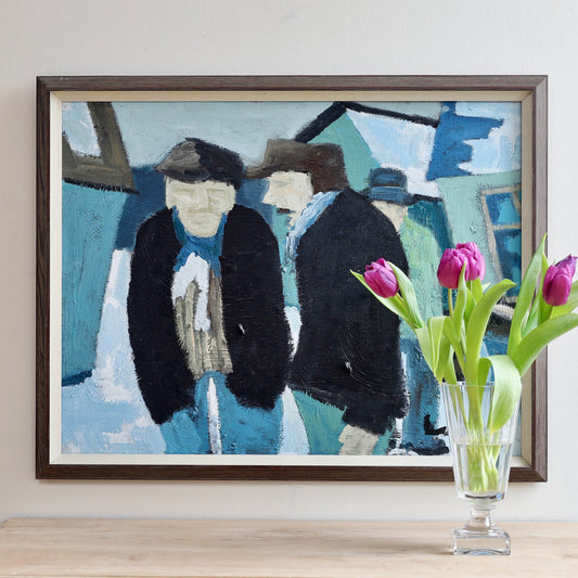 Oil Painting Vintage Mid Century Oil Painting of Fishermen From Sweden