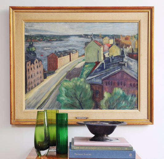Vintage Art Original Cityscape Oil Painting From Sweden