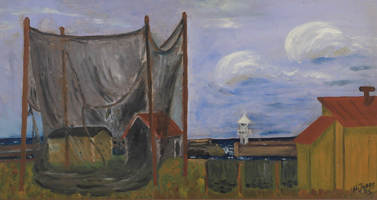 Original Vintage Harbor Scene Oil Painting From  Sweden 1952