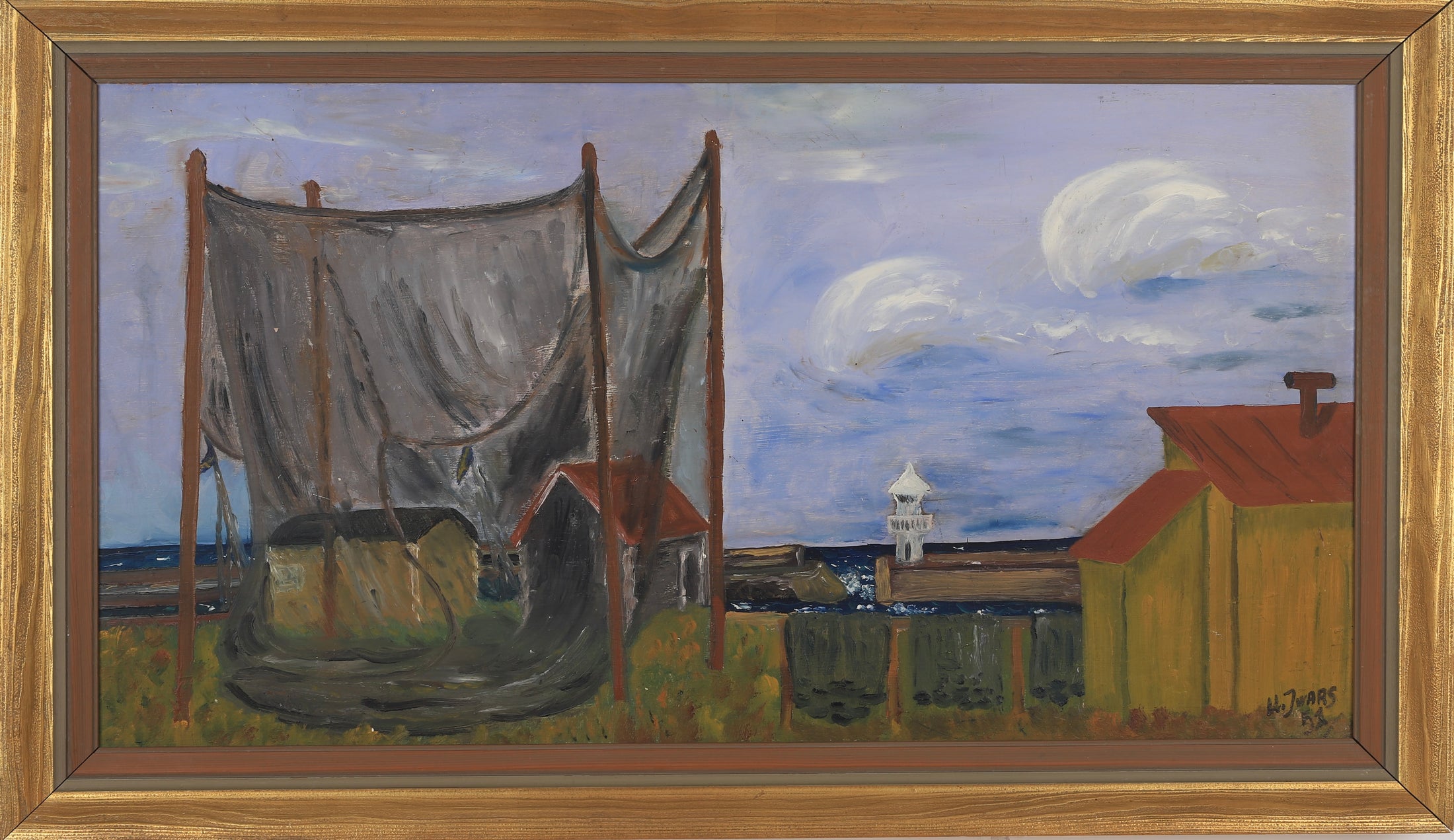 Original Vintage Harbor Scene Oil Painting From  Sweden 1952