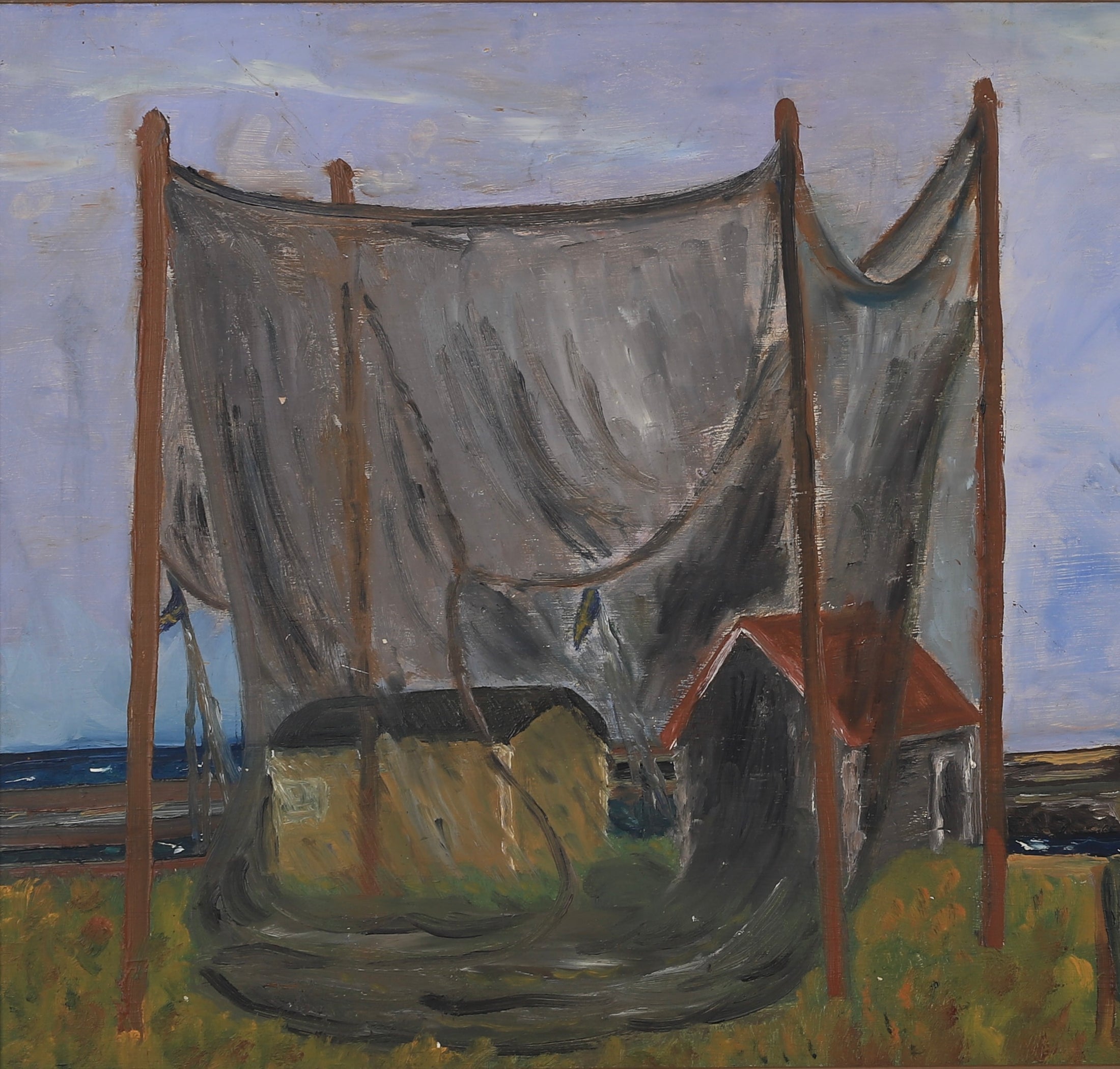 Original Vintage Harbor Scene Oil Painting From  Sweden 1952