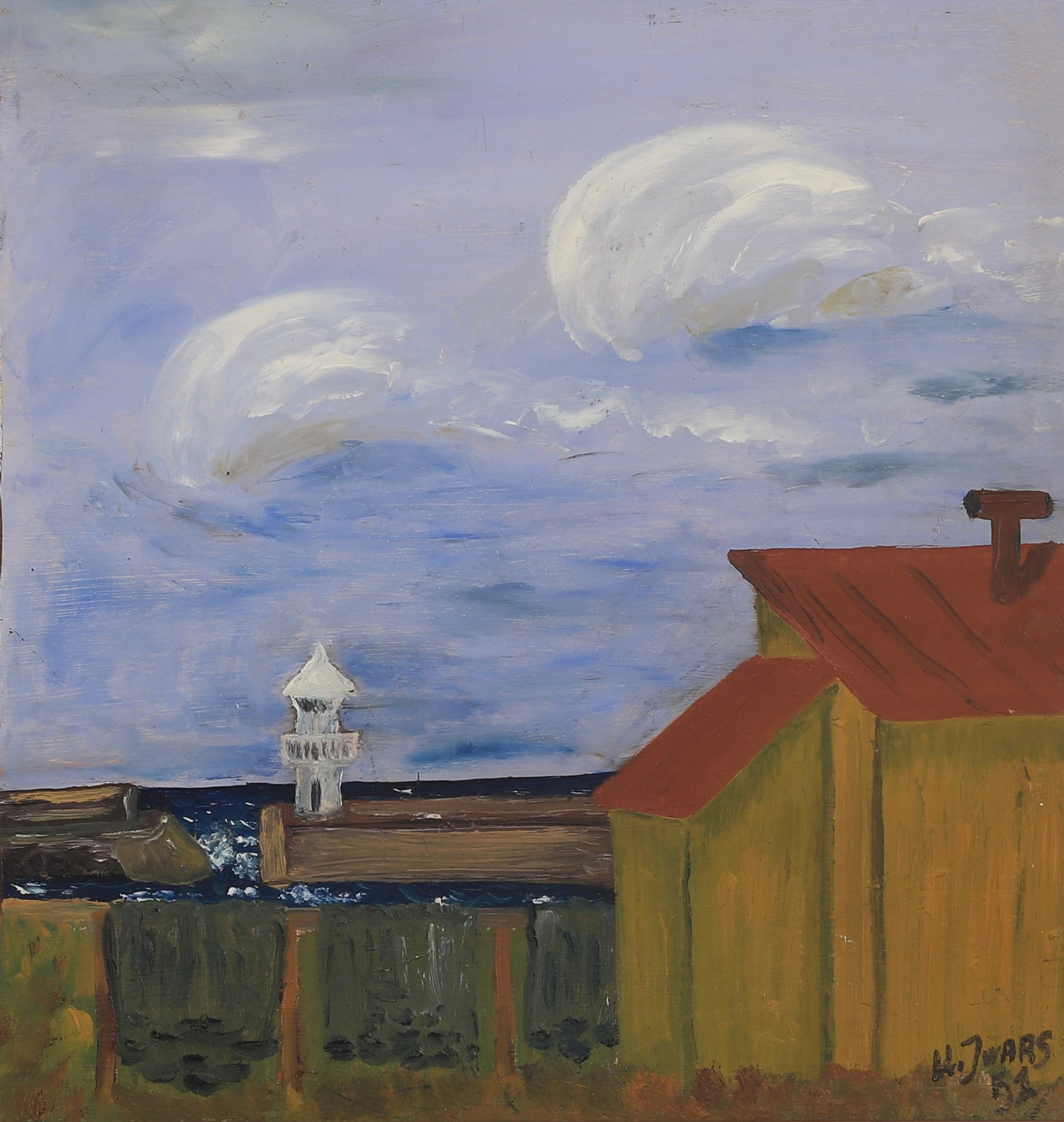 Original Vintage Harbor Scene Oil Painting From  Sweden 1952
