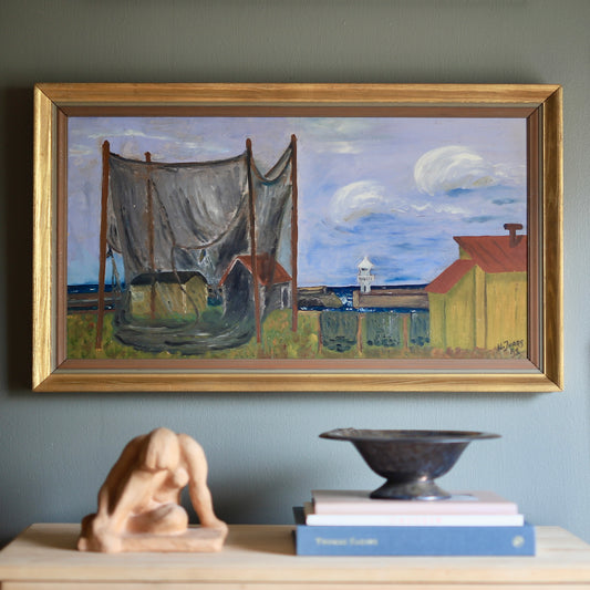 Original Vintage Harbor Scene Oil Painting From  Sweden 1952