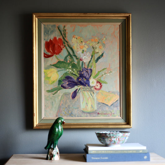 Original Still Life Floral Oil Painting Vintage Mid Century Sweden