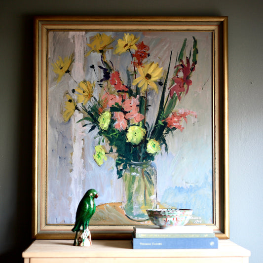 Vintage Mid Century Original Floral Still Life Oil Painting Sweden 1943