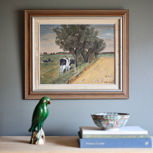 Vintage Art Room Original Oil Painting of Cows From Sweden